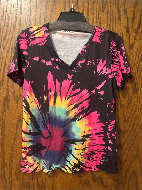 SHEIN Tops - SHEIN Black V-Neck Short Sleeve Tee with Pink, Yellow & Blue Tie-Dye